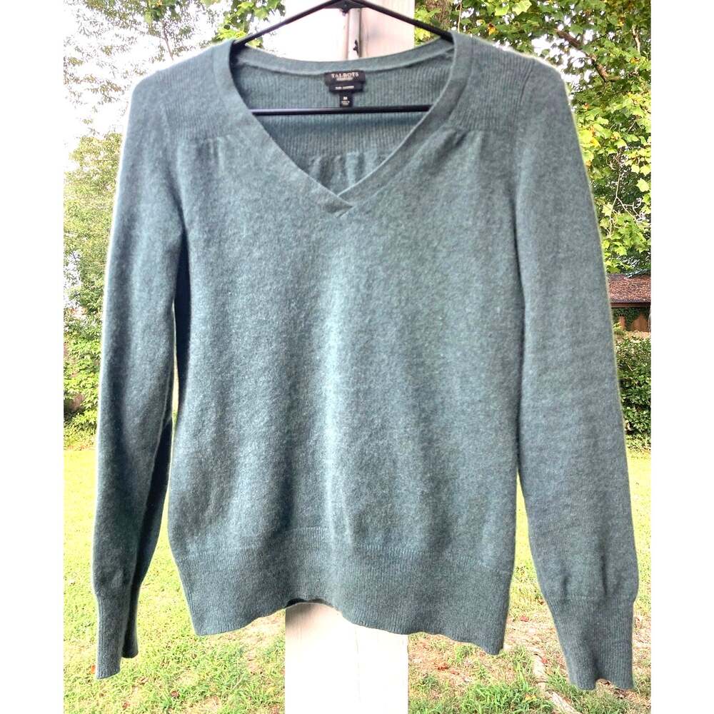 Talbots - Cozy Preppy Pure Cashmere Heathered Sage Sweater Ribbed and Pleated -M
